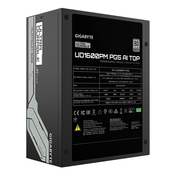Блок питания ПК Gigabyte UD1600PM PG5 AI TOP 1600W, 80Plus, Platinum, Полностью модульный, PCIe Gen 5.0, ATX 3.1 compatible