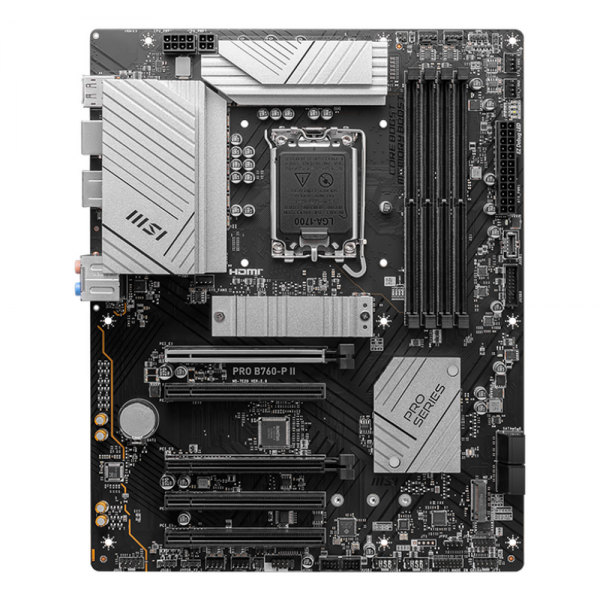 Материнская плата MSI PRO B760-P II B760, LGA1700, 4*DDR5, 5*PCIEx16, 2*M.2, 2*TypeC, 6*USB3.2Gen1, 6*USB2.0, 4*SATA3.0, 2.5G, DP, HDMI, ATX, RTL