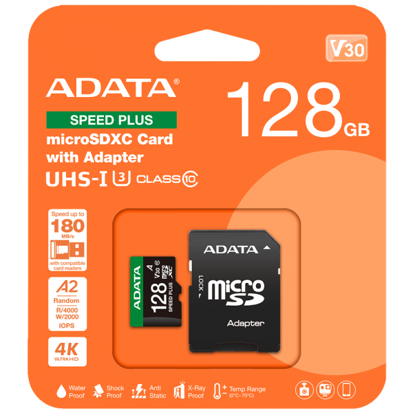 Карта памяти microSDXC 128GB ADATA Speed Plus UHS-I U3/V30/A2, up to 180/160 MB/s, Durable (Water-/Shock-/X-Ray-Proof)
