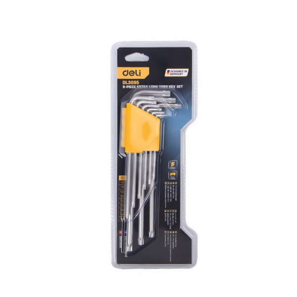 Набор шестигранных ключей "TORX" сверхдлинных Deli DL3095 9шт размеры Т10,Т15,Т20,Т25,Т27,Т30,Т40,Т45,Т50, пластиковый держатель
