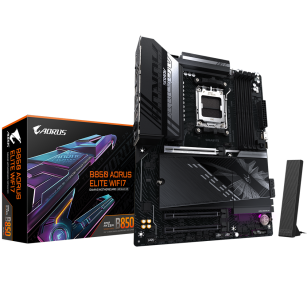 Материнская плата Gigabyte B850 AORUS ELITE WIFI7, Socket AM5, AMD B850, 4xDDR5-5200, HDMI+DP, 3xPCI-Ex16, 4xSATA3(RAID 0/1/10), 3xM.2, 8 Ch Audio, 1x2,5GLan, WiFi, (4+4)xUSB2.0, (7+2)xUSB3.2, (1+1)xUSB Type-C™, 1xPS/2, ATX, RTL