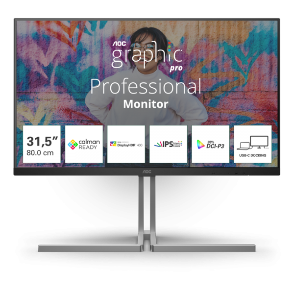Монитор 31.5" AOC U32U3CV IPS, 3840x2160, 60Hz, 4ms, 400сd/m, 1000:1, HDR10 | 2xHDMI(2.0), DP(1.4), Type-C(PD-96W), 4xUSB 3.2, RJ45 | HAS, InPSU, Speakers, Vesa 100, Black/Grey