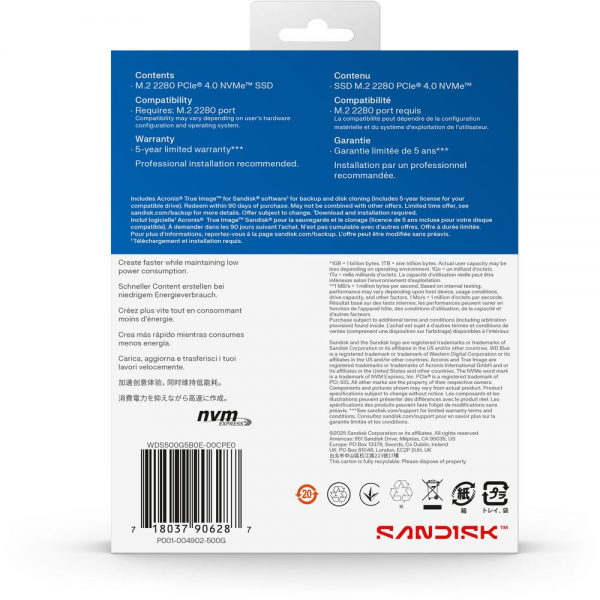 Твердотельный накопитель SSD Western Digital M.2 500GB Blue SN510 SSD WDS500G5B0E PCIe NVMe 4.0 x4