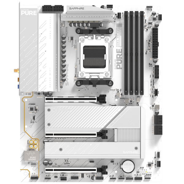 Материнская плата Sapphire B850A PURE WIFI7 B850, AM5, 4*DDR5, 3*PCIEx16, 3*M.2, 2*TypeC, 3*USB3.2Gen2, 2*USB3.2Gen1, 6*USB2.0, 4*SATA3.0, 2.5G, DP, HDMI, ATX, RTL