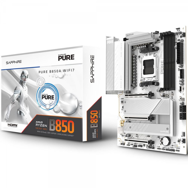 Материнская плата Sapphire B850A PURE WIFI7 B850, AM5, 4*DDR5, 3*PCIEx16, 3*M.2, 2*TypeC, 3*USB3.2Gen2, 2*USB3.2Gen1, 6*USB2.0, 4*SATA3.0, 2.5G, DP, HDMI, ATX, RTL