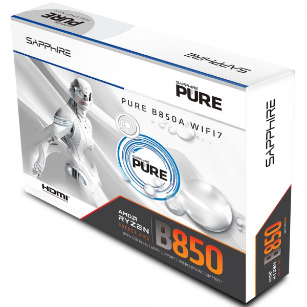 Материнская плата Sapphire B850A PURE WIFI7 B850, AM5, 4*DDR5, 3*PCIEx16, 3*M.2, 2*TypeC, 3*USB3.2Gen2, 2*USB3.2Gen1, 6*USB2.0, 4*SATA3.0, 2.5G, DP, HDMI, ATX, RTL