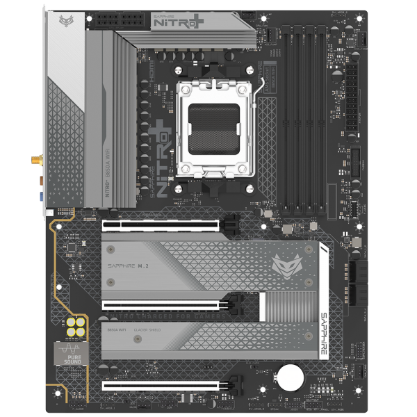 Материнская плата Sapphire B850A NITRO+ WIFI7 B850, AM5, 4*DDR5, 3*PCIEx16, 3*M.2, 2*TypeC, 3*USB3.2Gen2, 2*USB3.2Gen1, 6*USB2.0, 4*SATA3.0, 2.5G, DP, HDMI, ATX, RTL