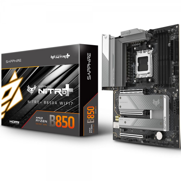 Материнская плата Sapphire B850A NITRO+ WIFI7 B850, AM5, 4*DDR5, 3*PCIEx16, 3*M.2, 2*TypeC, 3*USB3.2Gen2, 2*USB3.2Gen1, 6*USB2.0, 4*SATA3.0, 2.5G, DP, HDMI, ATX, RTL