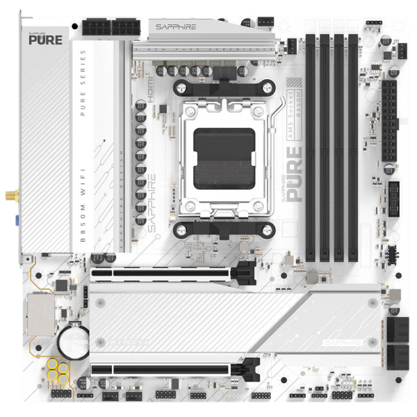 Материнская плата Sapphire B850M PURE WIFI B850, AM5, 4*DDR5, 2*PCIEx16, 2*M.2, 2*TypeC, 3*USB3.2Gen2, 2*USB3.2Gen1, 6*USB2.0, 4*SATA3.0, 2.5G, DP, HDMI, M-ATX, RTL