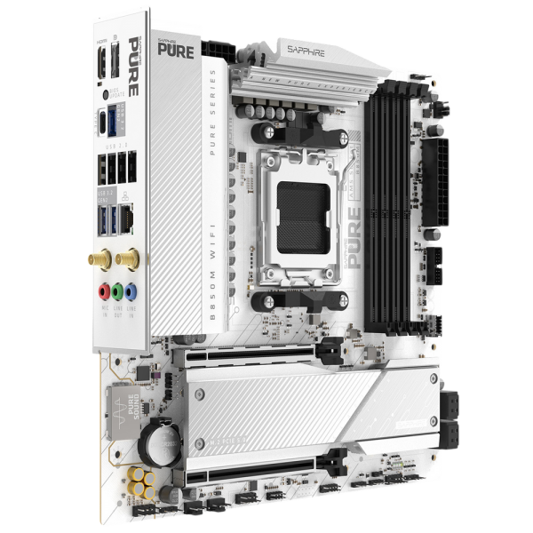 Материнская плата Sapphire B850M PURE WIFI B850, AM5, 4*DDR5, 2*PCIEx16, 2*M.2, 2*TypeC, 3*USB3.2Gen2, 2*USB3.2Gen1, 6*USB2.0, 4*SATA3.0, 2.5G, DP, HDMI, M-ATX, RTL