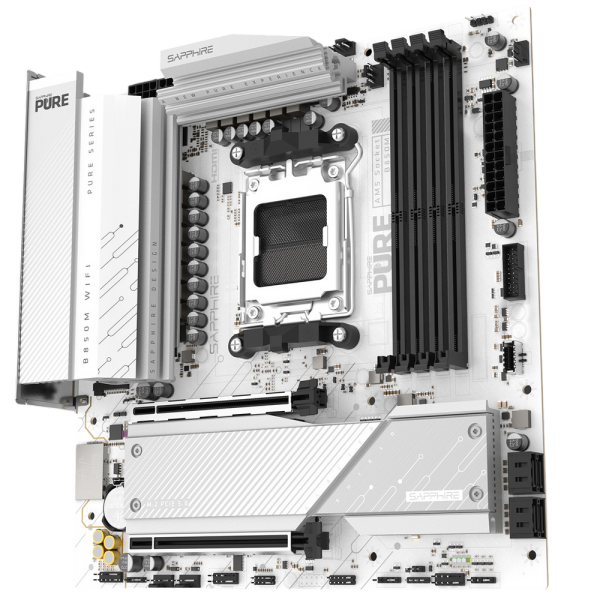 Материнская плата Sapphire B850M PURE WIFI B850, AM5, 4*DDR5, 2*PCIEx16, 2*M.2, 2*TypeC, 3*USB3.2Gen2, 2*USB3.2Gen1, 6*USB2.0, 4*SATA3.0, 2.5G, DP, HDMI, M-ATX, RTL