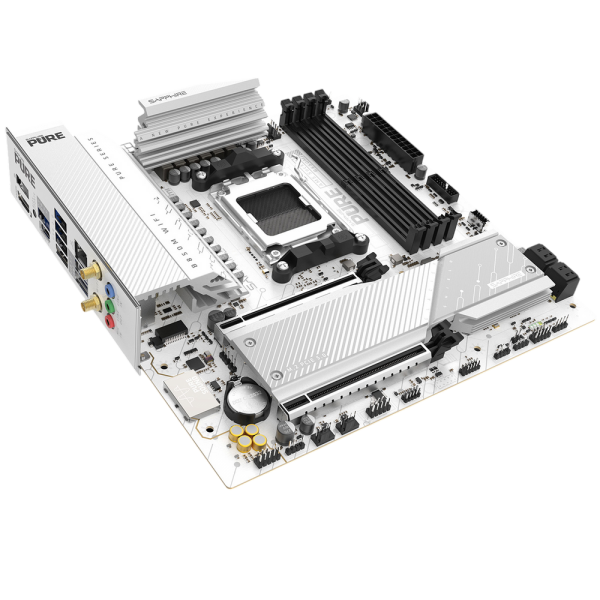 Материнская плата Sapphire B850M PURE WIFI B850, AM5, 4*DDR5, 2*PCIEx16, 2*M.2, 2*TypeC, 3*USB3.2Gen2, 2*USB3.2Gen1, 6*USB2.0, 4*SATA3.0, 2.5G, DP, HDMI, M-ATX, RTL