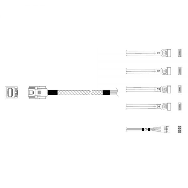 Кабель Miradeed MD-6715030, HDmSAS SFF8643 -to- 4*SATA + SideBand, 12G, 85 Ohm, 100cm