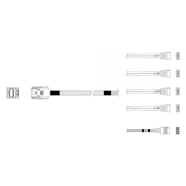Кабель Miradeed MD-6715032, HDmSAS SFF8643 -to- 4*SATA + SideBand, 12G, 85 Ohm, 60cm