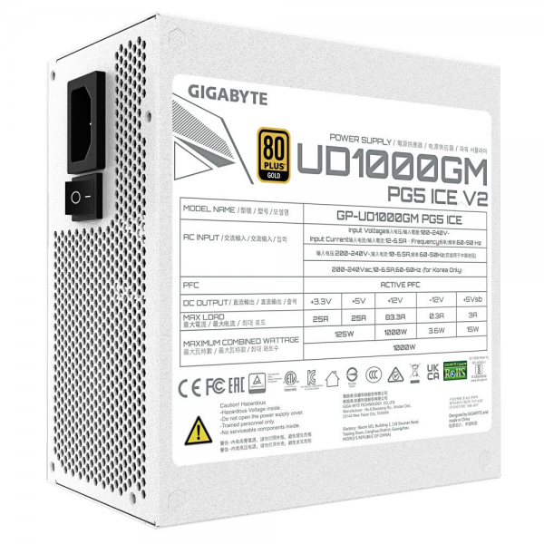 Блок питания ПК Gigabyte UD1000GM PG5 ICE 1000W, 80Plus, Gold, Полностью модульный, White colour