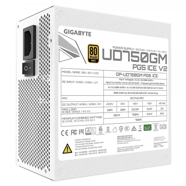 Блок питания ПК Gigabyte UD750GM PG5 ICE 750W, 80Plus, Gold, Полностью модульный, White colour