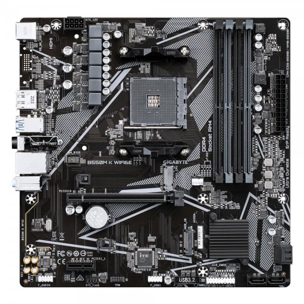 Материнская плата Gigabyte B550M K WIFI6E B550, AM5, 4xDDR4, 1*PCI-Ex16,2*M.2, 6*USB3.2Gen1, 6*USB2.0, 4*SATA3.0, 1G, DP, HDMI, ATX, RTL