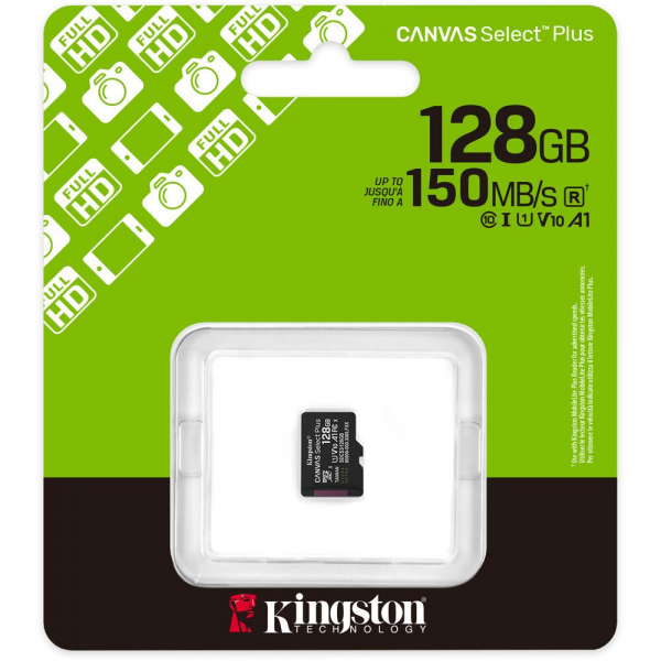 Карта памяти Kingston microSDXC 128GB Canvas Select Plus Memory Card SDCS3/128GBSP UHS-I U1 Class 10/V10/A1, w/o Adapter, 150Mb/s, RTL