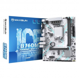 Материнская плата Maxsun MS-B760M GAMING WIFI ICE B760, LGA1700, 2*DDR4, 1*PCIEx16, 1*PCIEx1, 1*M.2, 4*USB3.2Gen1, 6*USB2.0, 3*SATA3.0, 1G, VGA, HDMI, M-ATX, RTL