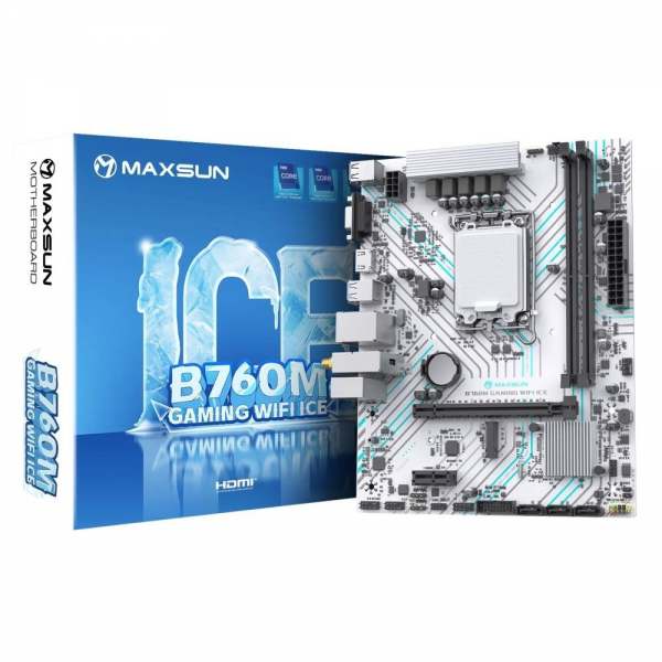 Материнская плата Maxsun MS-B760M GAMING WIFI ICE B760, LGA1700, 2*DDR4, 1*PCIEx16, 1*PCIEx1, 1*M.2, 4*USB3.2Gen1, 6*USB2.0, 3*SATA3.0, 1G, VGA, HDMI, M-ATX, RTL
