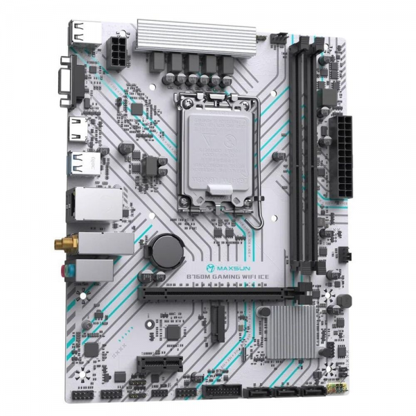 Материнская плата Maxsun MS-B760M GAMING WIFI ICE B760, LGA1700, 2*DDR4, 1*PCIEx16, 1*PCIEx1, 1*M.2, 4*USB3.2Gen1, 6*USB2.0, 3*SATA3.0, 1G, VGA, HDMI, M-ATX, RTL