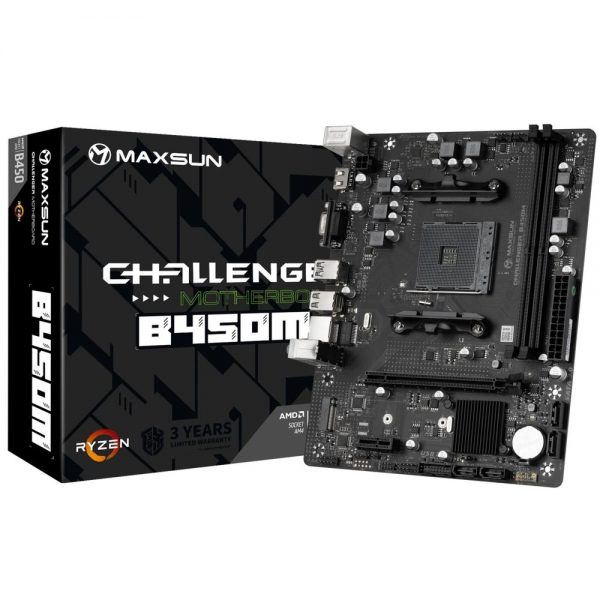 Материнская плата Maxsun MS-Challenger B450M AM4, B450, 2xDDR4, 1*PCIEx16, 1*PCIEx1, 1*M.2, 4*USB3.2Gen1, 4*USB2.0, 4*SATA3.0, 1G, VGA, HDMI, M-ATX, RTL