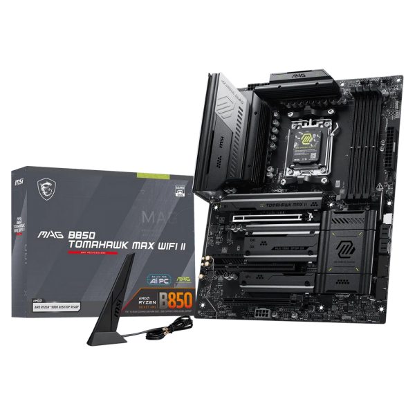 Материнская плата MSI MAG B850 TOMAHAWK MAX WIFI II B850, AM5, 4*DDR5, 3*PCIEx16, 4*M.2, 4*TypeC, 2*USB3.2Gen2, 5*USB3.2Gen1, 8*USB2.0, 4*SATA3.0, 5G, HDMI, ATX, RTL