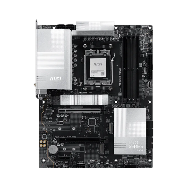 Материнская плата MSI PRO X870E-S EVO WIFI X870E, AM5, 4*DDR5, 2*PCIEx16, 1*PCIEx1, 3*M.2, 2*TypeC, 2*USB3.2Gen2, 6*USB3.2Gen1, 10*USB2.0, 4*SATA3.0, 5G, 1*Type-C(DP), HDMI, ATX, RTL