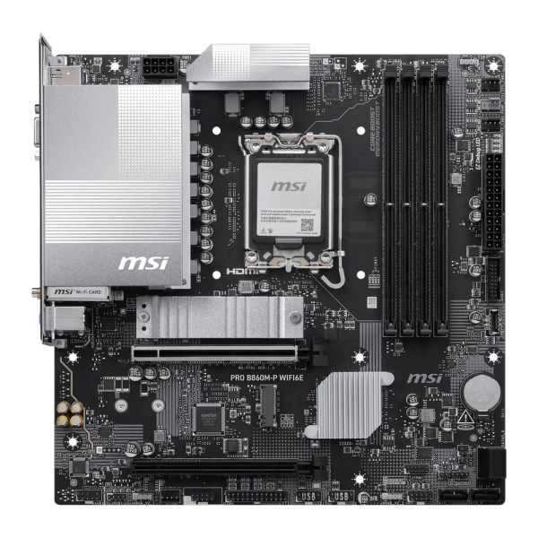 Материнская плата MSI PRO B860M-P WIFI6E B860, LGA1851, 4*DDR5, 2*PCIEx16, 2*M.2, 1*TypeC, 5*USB3.2Gen1, 6*USB2.0, 4*SATA3, 2.5G, VGA, DP, HDMI, M-ATX, RTL