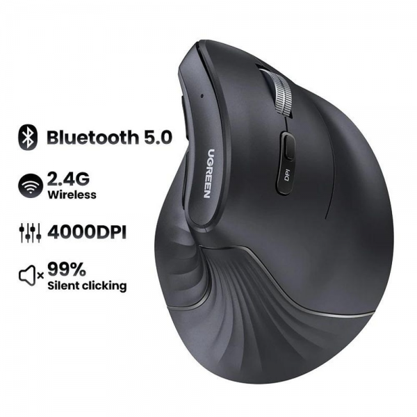 Беспроводная компьютерная мышь вертикальная UGREEN MU008 (25444) Wireless Vertical Mouse 2.4 GHz&BT. Цвет: черный