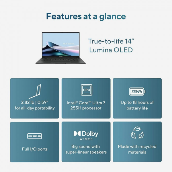Ноутбук ASUS Zenbook 14 UX3405CA-U7512 Intel Core Ultra 7 255H/16Gb (soldered D5)/SSD512Gb/UMA/14"/OLED/Touch/WUXGA/1920x1200/120Hz/Win11 (SL English)/Grey/1.28kg