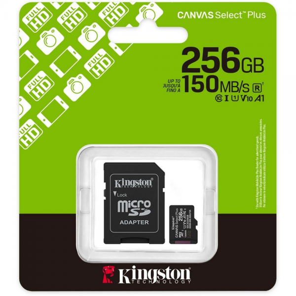 Карта памяти Kingston microSDXC 256GB Kingston Canvas Select Plus Memory Card SDCS3/256GB UHS-I U3 Class 10/V10/A1, Adapter, 150Mb/s, RTL