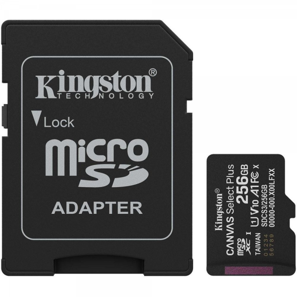 Карта памяти Kingston microSDXC 256GB Kingston Canvas Select Plus Memory Card SDCS3/256GB UHS-I U3 Class 10/V10/A1, Adapter, 150Mb/s, RTL