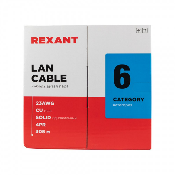Кабель витая пара U/UTP, CAT 6, LSZH нг(А)-HF, 4PR, 23AWG, внутренний, однопроволочный, серый, 305 м
