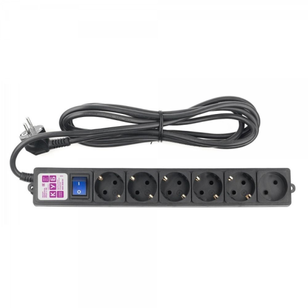 Фильтр-удлинитель Power Cube SPG6-B1 6 розеток (5 с заземлением + 1 без), черный, 3м, 16 А/3,5 кВт, 3*1.5мм²