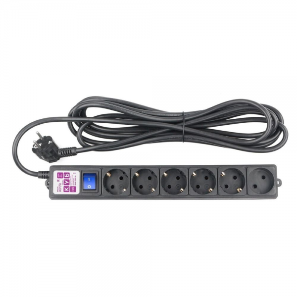 Фильтр-удлинитель Power Cube SPG6-B1 6 розеток (5 с заземлением + 1 без), черный, 3м, 16 А/3,5 кВт, 3*1.5мм²