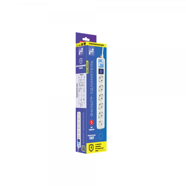 Фильтр-удлинитель Power Cube Pro SPL(5+1)-16B-P-1,9M 6 розеток (5 с заземлением + 1 без), белый, 5м, 16 А/3,5 кВт, 3*1мм²
