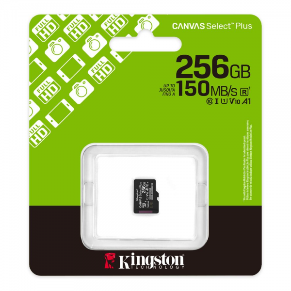 Карта памяти Kingston microSDXC 256GB Kingston Canvas Select Plus Memory Card SDCS3/256GBSP UHS-I U3 Class 10/V10/A1, Adapter, 150Mb/s, RTL