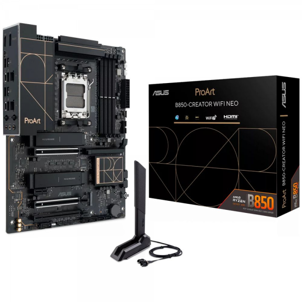 Материнская плата ASUS PROART B850-CREATOR WIFI NEO B850, AM5, 4*DDR5, 3*PCIEx16, 1*PCIEx1, 3*M.2, 2xTypeC, 3*USB3.2Gen2, 4*USB3.2Gen1, 8*USB2.0, 4*SATA3.0, 5G, Type-C(DP), DP, HDMI, ATX, RTL