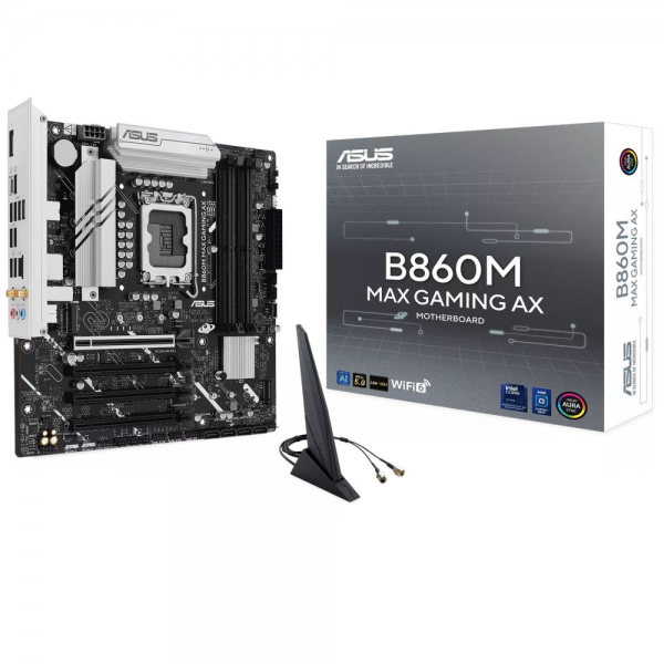 Материнская плата ASUS B860M MAX GAMING AX B860, LGA1851, 4*DDR5, 4*PCIEx16, 3*M.2, 2xTypeC, 1*USB3.2Gen2, 6*USB3.2Gen1, 10*USB2.0, 4*SATA3.0, 2.5G, DP, M-ATX, RTL