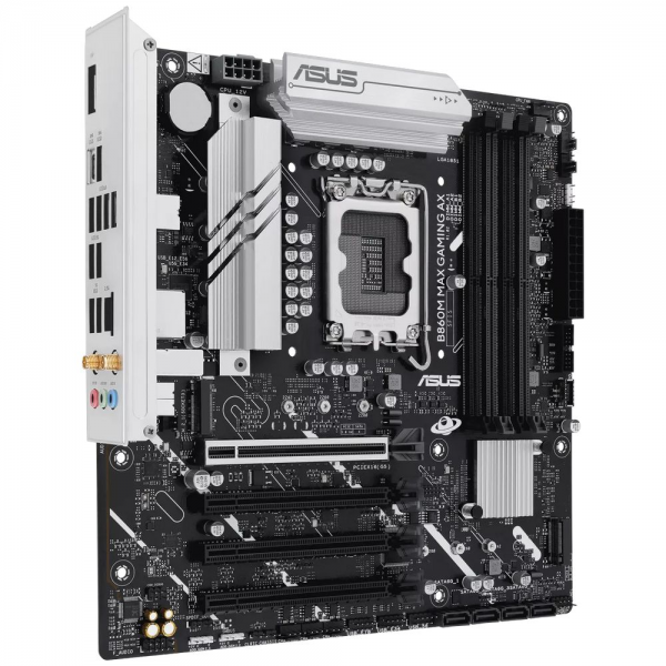 Материнская плата ASUS B860M MAX GAMING AX B860, LGA1851, 4*DDR5, 4*PCIEx16, 3*M.2, 2xTypeC, 1*USB3.2Gen2, 6*USB3.2Gen1, 10*USB2.0, 4*SATA3.0, 2.5G, DP, M-ATX, RTL
