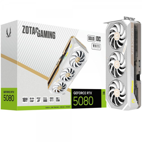 Видеокарта Zotac Bad Pack RTX5080 SOLID OC WHITE ED 16GB GDDR7 256bit 3xDP HDMI 3FAN PREMIUM PACK