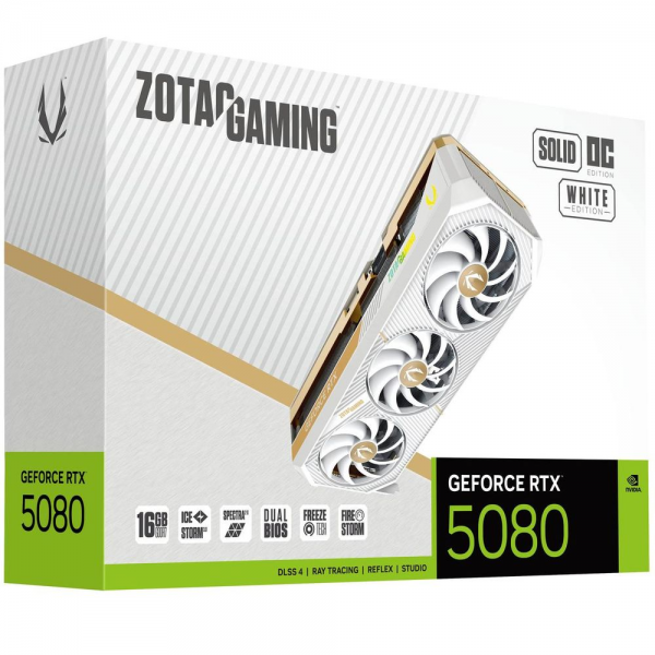 Видеокарта Zotac Bad Pack RTX5080 SOLID OC WHITE ED 16GB GDDR7 256bit 3xDP HDMI 3FAN PREMIUM PACK