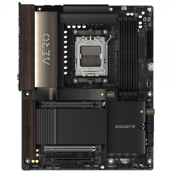 Материнская плата Gigabyte X870E AERO X3D DARK WOOD X870E, AM5, 4*DDR5, 3*PCIEx16, 4*M.2, 1*TypeC, 5*USB3.2Gen2, 7*USB3.2Gen1, 4*USB2.0, 4*SATA3.0, 2*5G, 2*Type-C(DP), HDMI, ATX, RTL