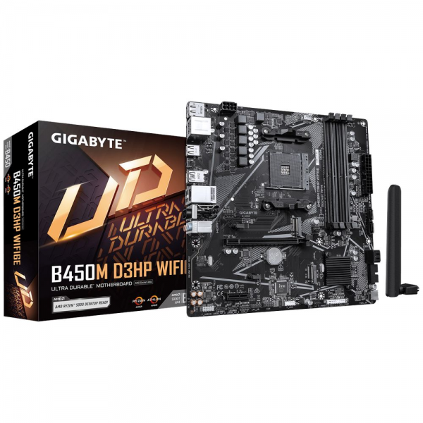 Материнская плата Gigabyte B450M D3HP WIFI6E AM4, B450, 4xDDR4, 1*PCIEx16, 1*PCIEx1, 2*M.2, 1*TypeC, 6*USB3.2Gen1, 5*USB2.0, 4*SATA3.0, 1G, DP, 2xHDMI, M-ATX, RTL