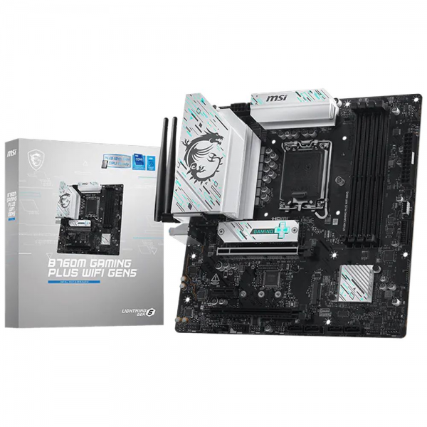 Материнская плата MSI B760M GAMING PLUS WIFI GEN5 B760, LGA1700, 4*DDR5, 2*PCIEx16, 1*PCIEx1, 2*M.2, 1*TypeC, 2*USB3.2Gen2, 6*USB3.2Gen1, 6*USB2.0, 4*SATA3.0, 2.5G, 2*DP, 2*HDMI, M-ATX, RTL