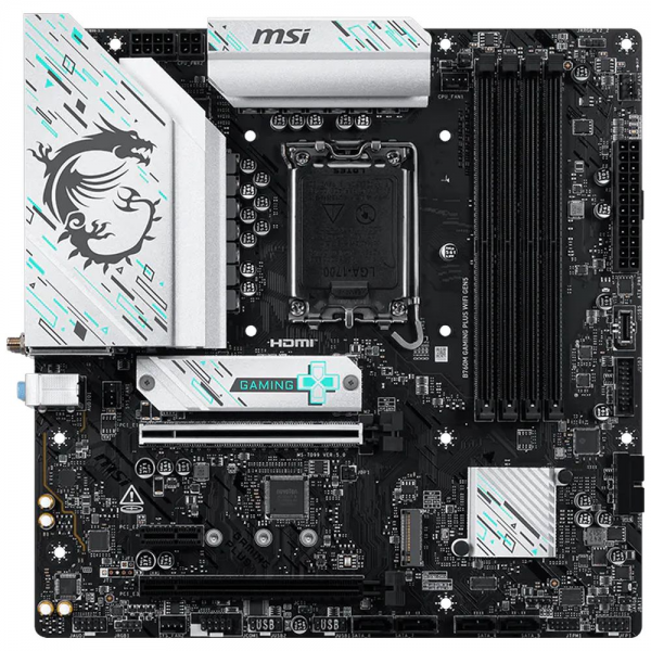 Материнская плата MSI B760M GAMING PLUS WIFI GEN5 B760, LGA1700, 4*DDR5, 2*PCIEx16, 1*PCIEx1, 2*M.2, 1*TypeC, 2*USB3.2Gen2, 6*USB3.2Gen1, 6*USB2.0, 4*SATA3.0, 2.5G, 2*DP, 2*HDMI, M-ATX, RTL
