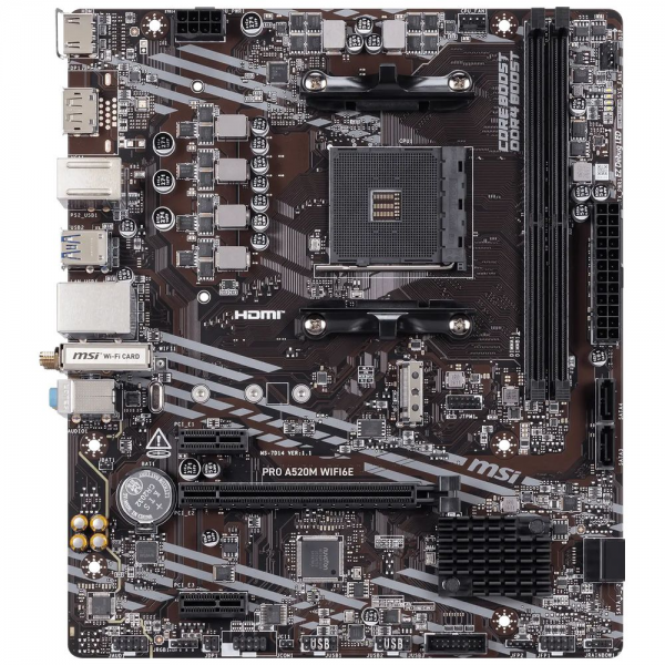 Материнская плата MSI PRO A520M WIFI6E A520, AM4, 2*DDR4, 1*PCIEx16, 2*PCIEx1, 1*M.2, 1*TypeC, 6*USB3.2Gen1, 6*USB2.0, 4*SATA3.0, 1G, DP, HDMI, M-ATX, RTL