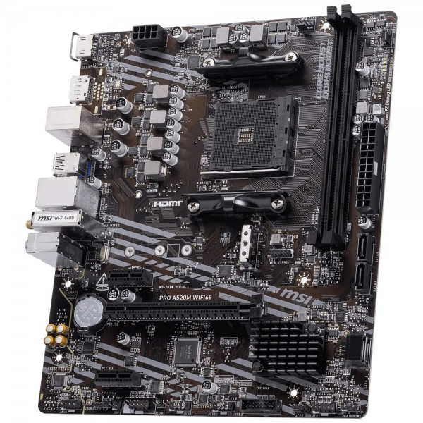Материнская плата MSI PRO A520M WIFI6E A520, AM4, 2*DDR4, 1*PCIEx16, 2*PCIEx1, 1*M.2, 1*TypeC, 6*USB3.2Gen1, 6*USB2.0, 4*SATA3.0, 1G, DP, HDMI, M-ATX, RTL