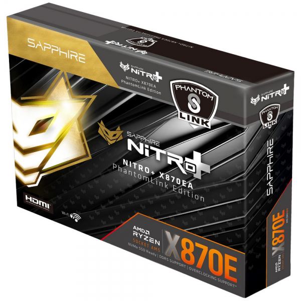 Материнская плата Sapphire NITRO+ X870EA PHANTOMLINK EDITION X870E, AM5, 4*DDR5, 3*PCIEx16, 4*M.2, 1*TypeC, 4*USB3.2Gen2, 5*USB3.2Gen1, 4*USB2.0, 4*SATA3.0, 1*5G, 2*Type-C(DP), HDMI, ATX, RTL